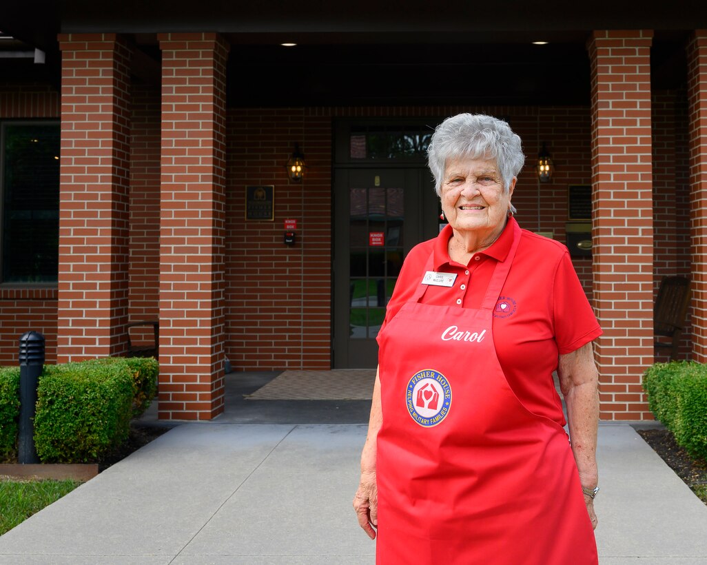 Carol McClure is pictured July 16 outside the Fisher House at Wright-Patterson Air Force Base. McClure, who’s donated her time at the facility for nearly 30 years, has been honored as the Air Force Fisher House Volunteer of the Year for 2021. (U.S. Air Force photo by R.J. Oriez)