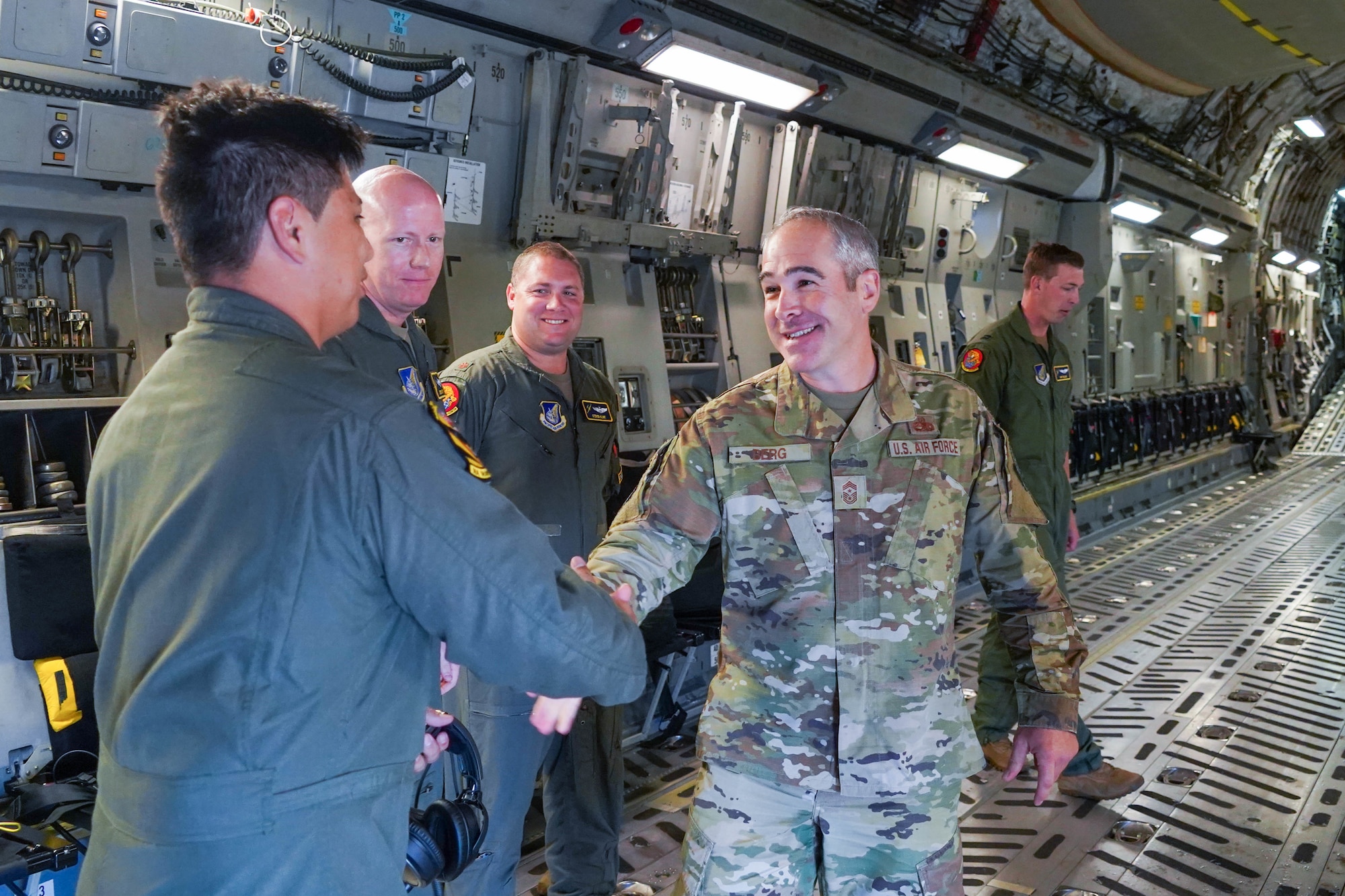 U.S. Air Force Chief Master Sgt. Kristopher Berg, 11th Air Force Command Chief, meets with Airmen assigned to the 15th Wing during a visit to Joint Base Pearl Harbor-Hickam, Hawaii, July 20, 2021. Berg visited several squadrons around the 15th Wing to gain an in-depth exposure to their unique mission and how the wing contributes to the Indo-Pacific region’s security and stability. (U.S Air Force photo by Airman 1st Class Makensie Cooper)