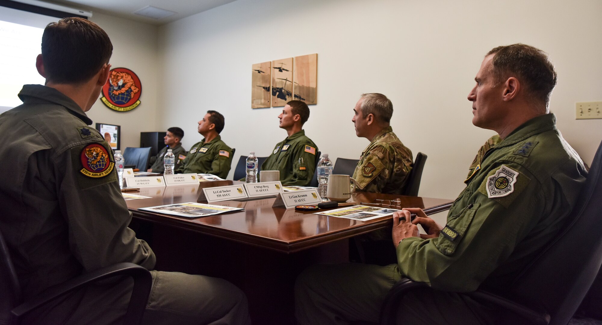 U.S. Air Force Lt. Gen. David A. Krumm, commander of Alaskan North American Aerospace Defense Command Region, Alaskan Command, and Eleventh Air Force, talks with Airmen assigned to the 15th Wing during a visit to Joint Base Pearl Harbor-Hickam, Hawaii, July 20, 2021.  Krumm visited several squadrons around the 15th Wing to gain an in-depth exposure to their unique mission and how the wing contributes to the Indo-Pacific region’s security and stability. (U.S. Air Force photo by Tech. Sgt. Anthony Nelson Jr.)