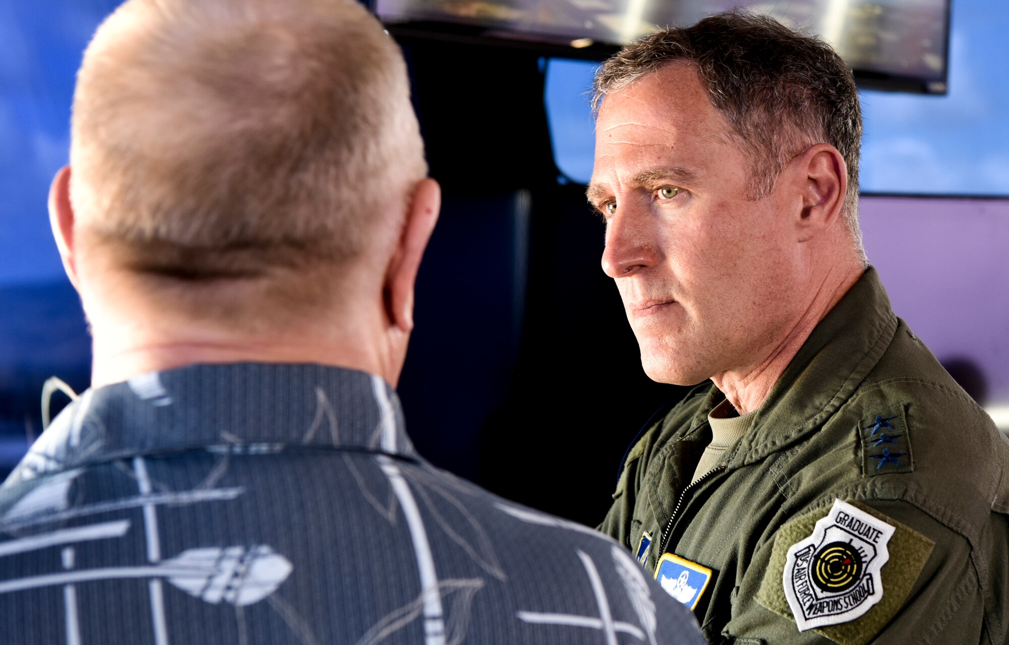 U.S. Air Force Lt. Gen. David A. Krumm, commander of Alaskan North American Aerospace Defense Command Region, Alaskan Command, and Eleventh Air Force meets with Airmen assigned to the 15th Wing during a visit to Joint Base Pearl Harbor-Hickam, Hawaii, July 20, 2021.  Krumm visited several squadrons around the 15th Wing to gain an in-depth exposure to their unique mission and how the wing contributes to the Indo-Pacific region’s security and stability. (U.S. Air Force photo by Tech. Sgt. Anthony Nelson Jr.)