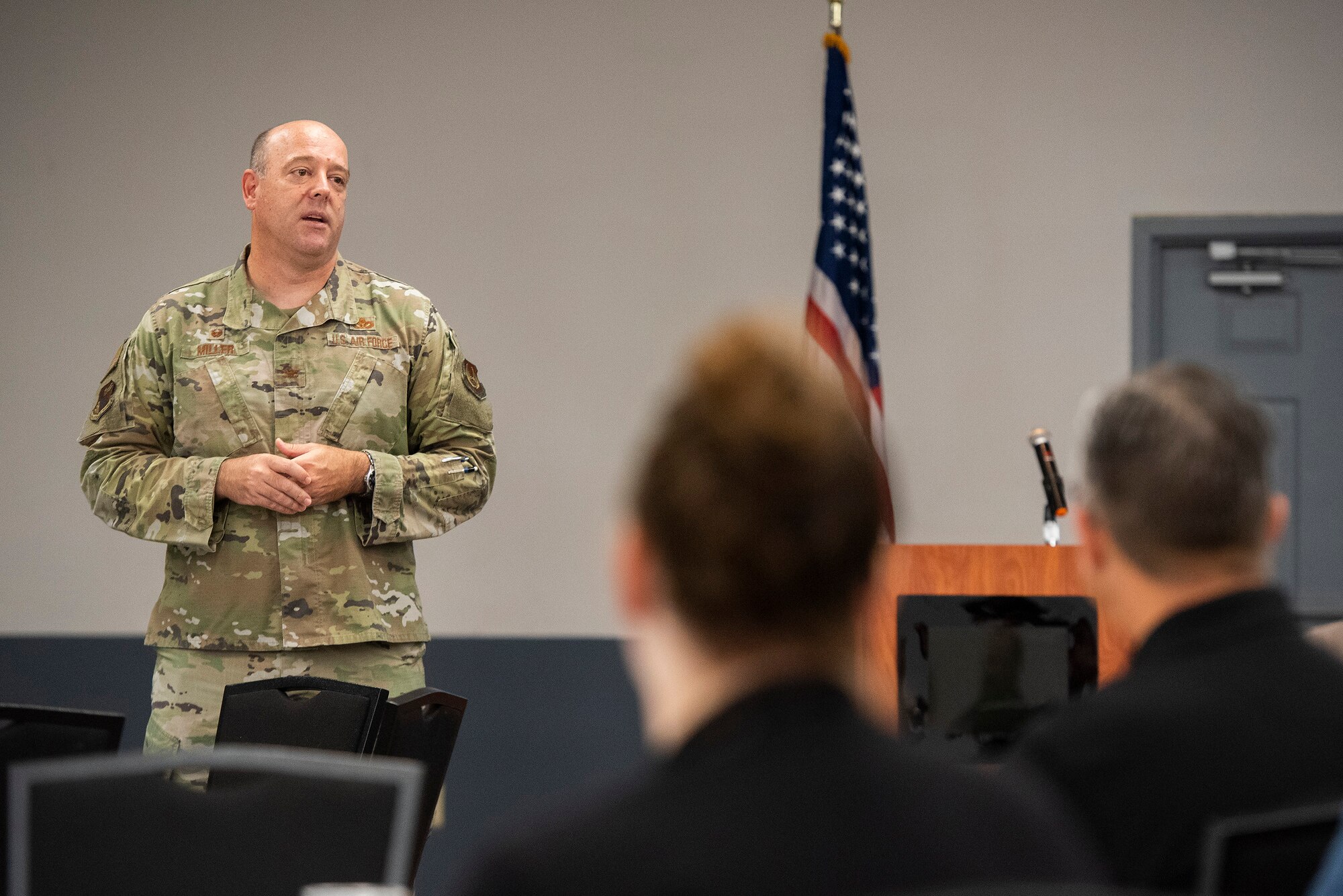 Col. Patrick Miller, 88th Air Base Wing and installation commander, welcomes Leadership Dayton members to Wright-Patterson Air Force Base on July 14. Leadership Dayton is designed to identify, educate and motivate a network of local leaders and increase their capacity to serve the Dayton region. (U.S. Air Force photo by R.J. Oriez)