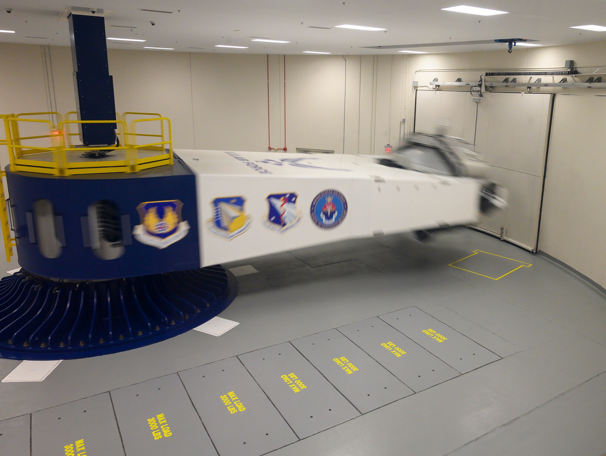The 711th Human Performance Wing’s centrifuge spins with a test subject inside July 14. The Leadership Dayton class was shown the centrifuge in action while staff discussed the research and training accomplished by the wing. (U.S. Air Force photo by R.J. Oriez)