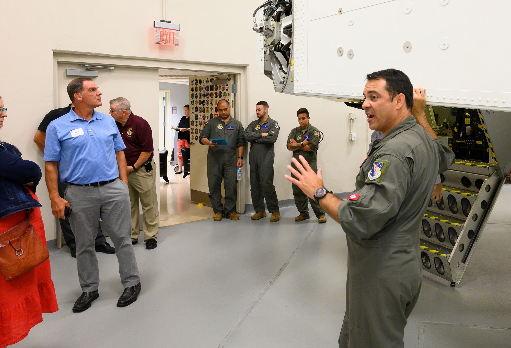 Tech. Sgt. Tony Longinotti, U.S. Air Force School of Aerospace Medicine’s Accelerations Operations Section chief, shows Leadership Dayton program members the 711th Human Performance Wing’s centrifuge July 14 at Wright-Patterson Air Force Base. Longinotti told the group how the centrifuge is used to both conduct research and train Airmen. (U.S. Air Force photo by R.J. Oriez)