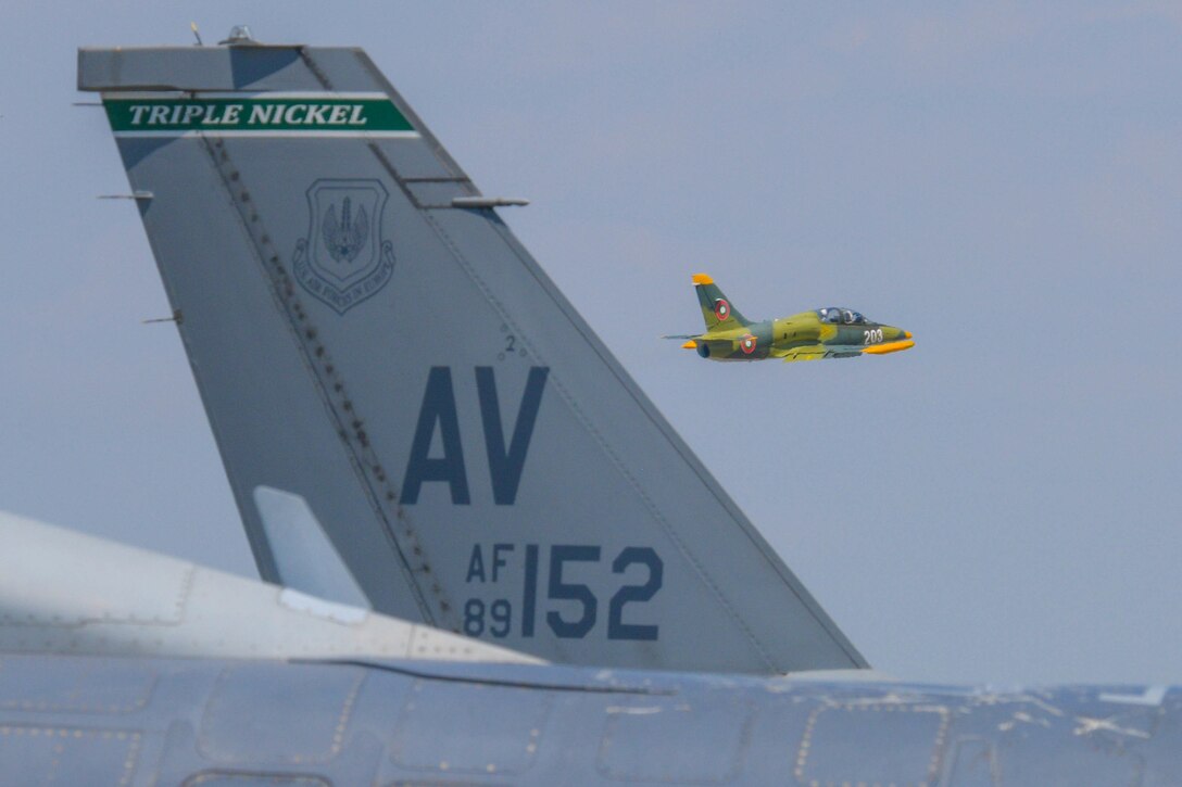 A Bulgarian air force Aero L-39 Albatros takes off during exercise Thracian Star 21 at Graf Ignatievo Air Base, Bulgaria, July 13, 2021. Thracian Star 21 is a multilateral training exercise with the Bulgarian air force, aimed to increase operational capacity, capability and interoperability with Bulgaria. (U.S. Air Force photo by Airman 1st Class Brooke Moeder)