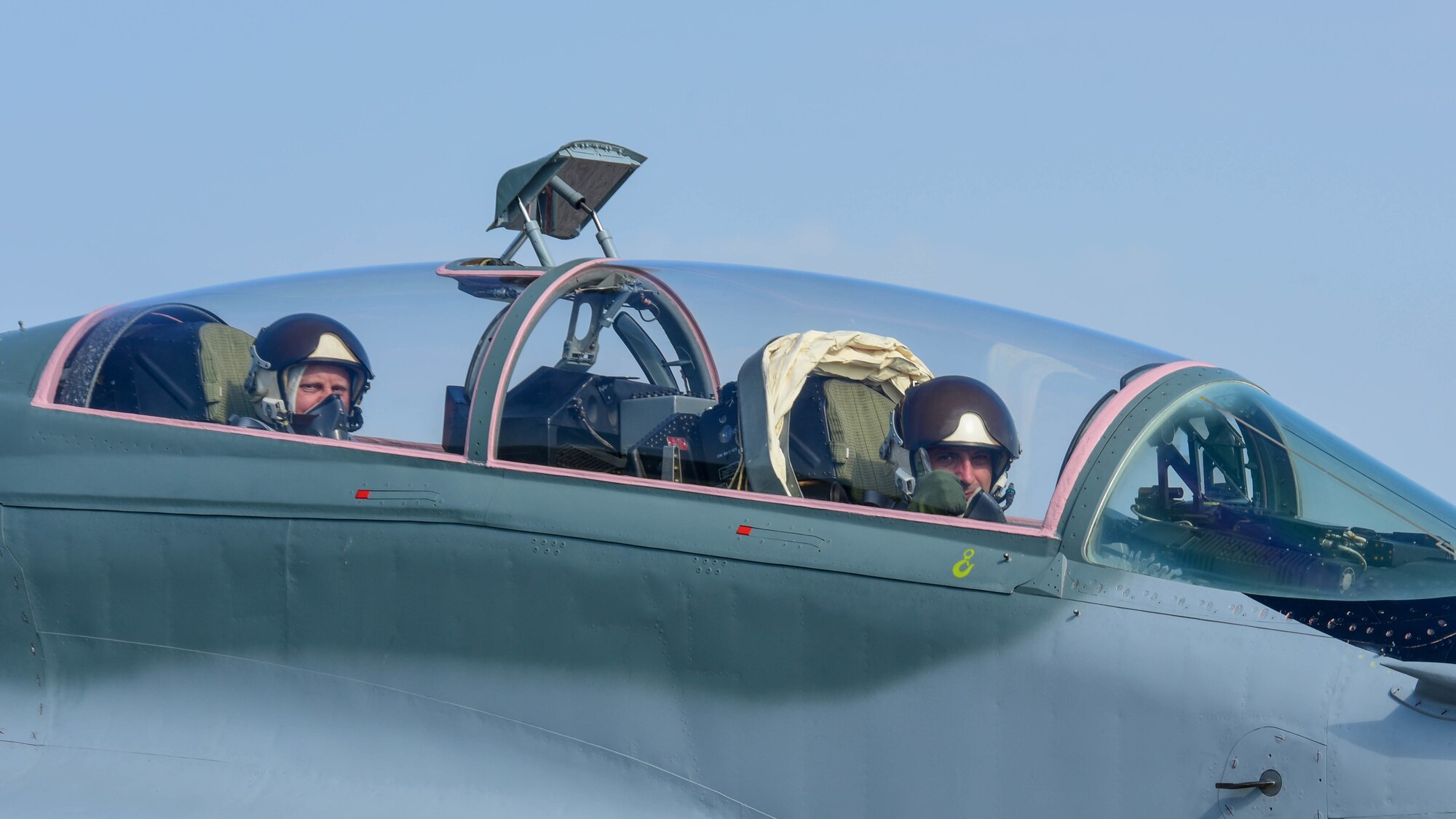 Bulgarian air force members prepare to taxi on the flightline during Thracian Star 21 at Graf Ignatievo Air Base, Bulgaria, July 20, 2021. The Bulgarian air force has approximately 80 aircraft and 6,500 active duty personnel. (U.S. Air Force photo by Airman 1st Class Brooke Moeder)