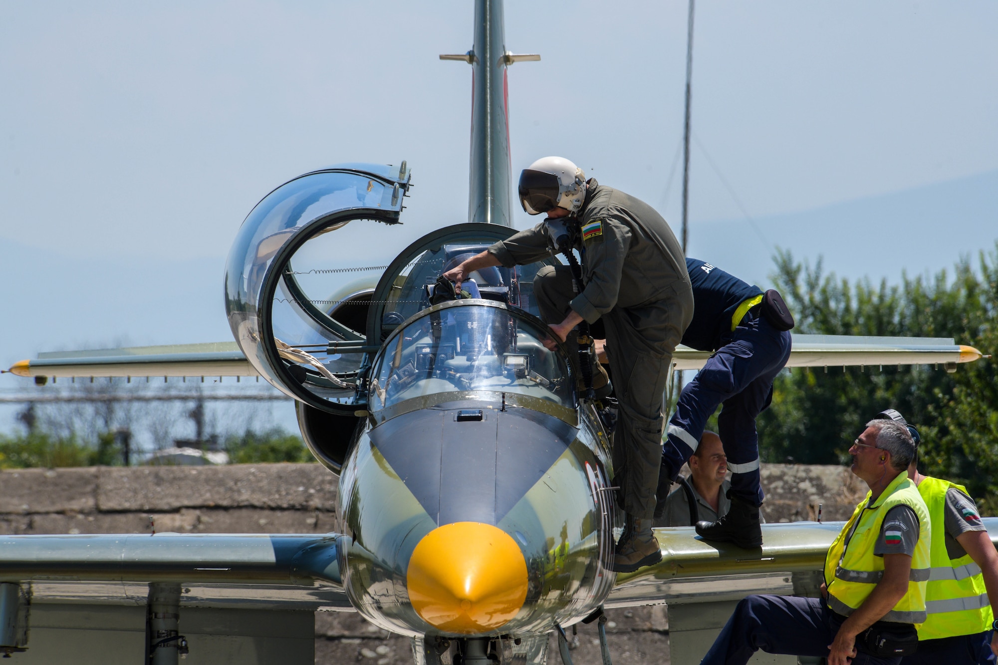 A Bulgarian air force pilot prepares to fly in an Aero L-39 Albatros at Graf Ignatievo Air Base, Bulgaria, July 13, 2021. Successful partnering activities such as Thracian Star 21, a Bulgarian air force-led exercise, result in progressive relationships and lead to tangible, mutual benefits during peacetime, contingencies and crisis, through actions such as regional security, access and coalition operations. (U.S. Air Force photo by Airman 1st Class Brooke Moeder)