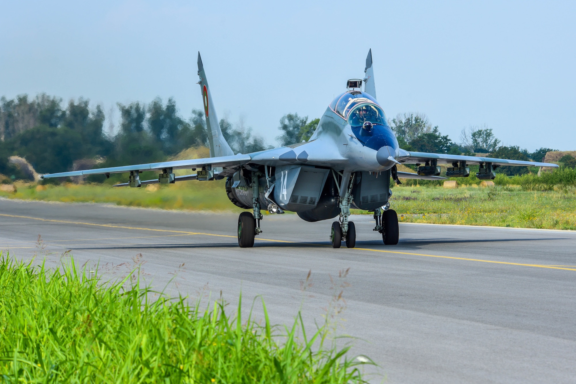A Bulgarian air force MiG-29 taxis on the flightline during Thracian Star 21 at Graf Ignatievo Air Base, Bulgaria, July 20, 2021. THS21 allowed both U.S. Airmen and Bulgarian forces to extend joint warfighting capability through operational and tactical training. (U.S. Air Force photo by Airman 1st Class Brooke Moeder)
