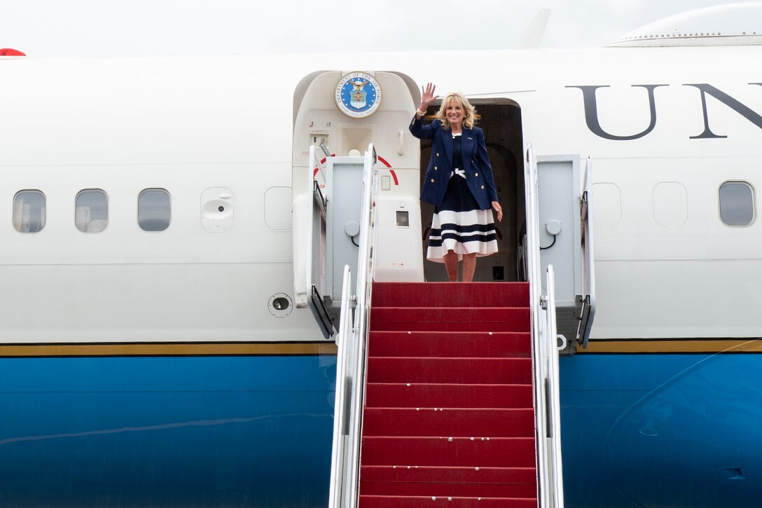 First Lady Dr. Jill Biden visits Joint Base Elmendorf-Richardson, Alaska, July 21, 2021, during a refueling stop. Dr. Biden was traveling to the 2020 Tokyo Summer Olympics.