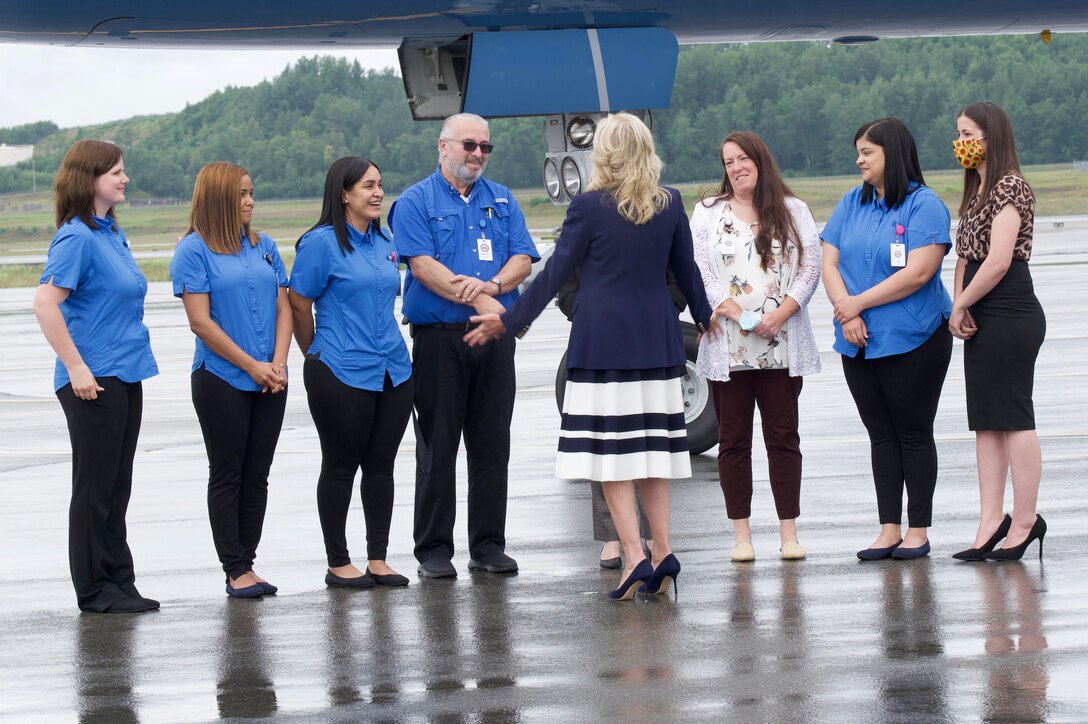 First Lady Dr. Jill Biden visits Joint Base Elmendorf-Richardson, Alaska, July 21, 2021, during a refueling stop. Dr. Biden was traveling to the 2020 Tokyo Summer Olympics.