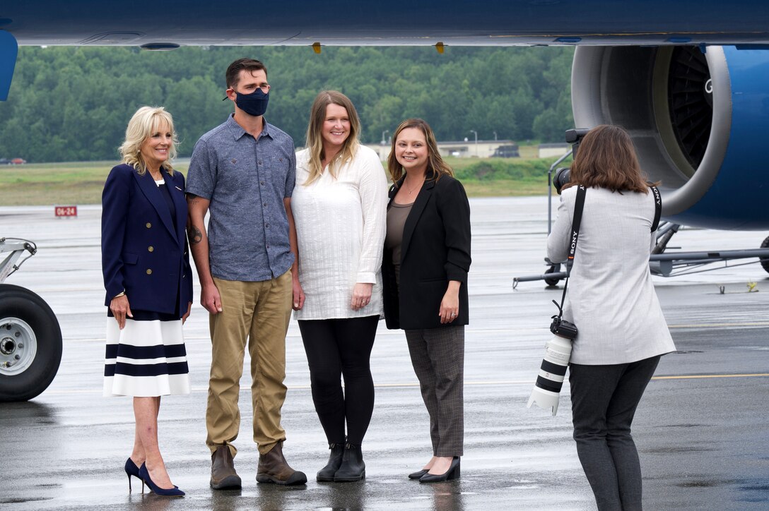 First Lady Dr. Jill Biden visits Joint Base Elmendorf-Richardson, Alaska, July 21, 2021, during a refueling stop. Dr. Biden was traveling to the 2020 Tokyo Summer Olympics.