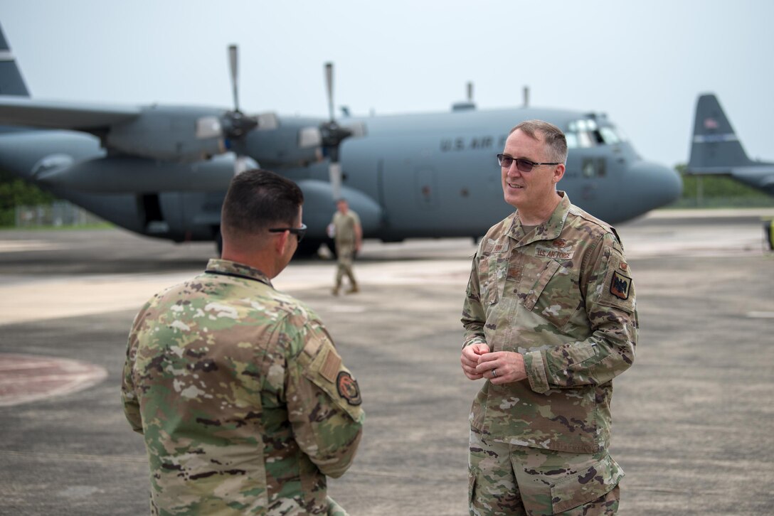 Col. Tom Funk (right), chief of the Aircraft Maintenance Division at the Air National Guard Readiness Center, talks with Col. Ash Groves, commander of the Kentucky Air National Guard’s 123rd Maintenance Group, at Muñiz Air National Guard Base in Carolina, Puerto Rico, on June 15, 2021, during Maintenance University. More than 130 Airmen from the Kentucky Air Guard trained on career-specific proficiencies during the intensive week-long course. (U.S. Air National Guard photo by Phil Speck)