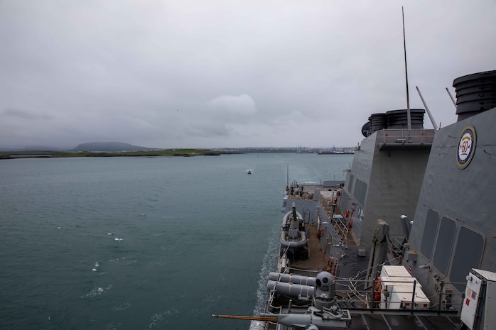 The Arleigh Burke-class guided-missile destroyer USS Roosevelt (DDG 80) departs Reykjavik, Iceland, July 22, 2021.