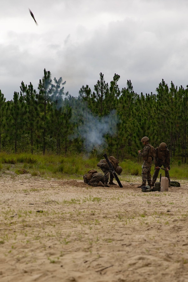 U.S. Marines with 2d Battalion, 6th Marine Regiment, 2d Marine Division, fire an M252 81 mm mortar system during a Marine Corps Combat Readiness Evaluation (MCCRE) on Camp Lejeune, N.C., July 20, 2021.