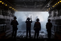 Marines and Sailors with the II Marine Expeditionary Force Maritime DSCA Task Force, commanded by Combat Logistics Battalion 22, and Sailors aboard the USS Arlington conducted a destructive weather mission rehearsal loading exercise to prepare and rehearse for a future DSCA mission during the 2021 hurricane season.