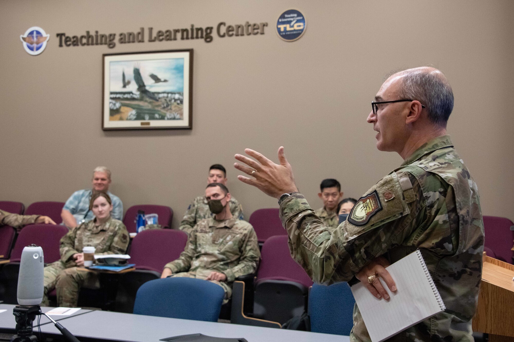 Col. Kevin Parker, Associate Dean, Air Force Cyber College, leads U.S. Air Force and U.S. Space Force Language Enabled Airmen Program (LEAP) scholars attending the Cyber Language Intensive Training Event (LITE) through a role playing scenario involving fictitious air operations in a forward theater that are potentially impacted by cybersecurity issues, Jul.22, 2021. Cyber LITE is a Strategic Power Competition course co-sponsored by the Air Force Culture and Language Center and Air Force Cyber College for advanced language proficiency LEAP scholars who have career-related ties to cyber operations and/or an academic background in cyber studies.
