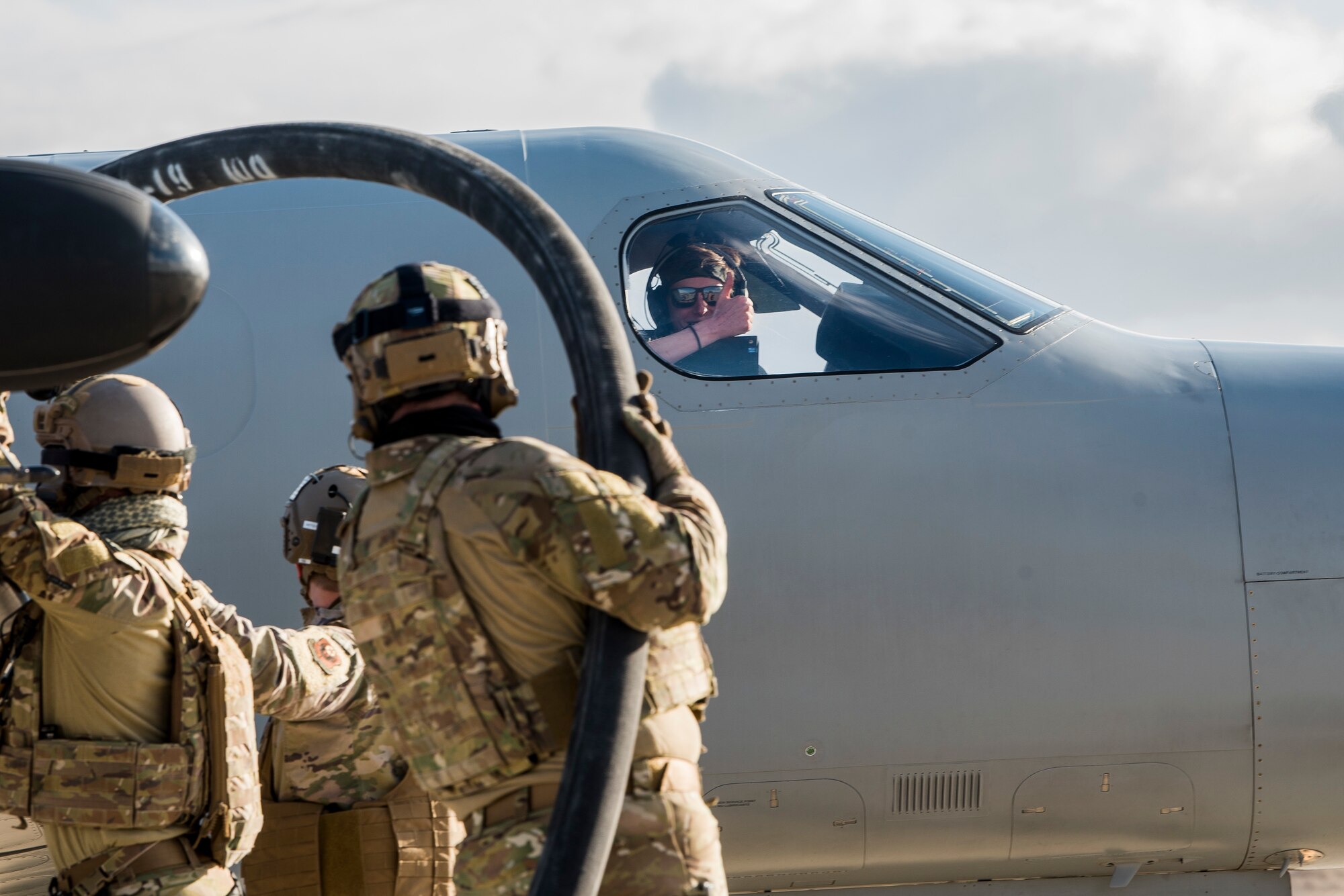 Forward Area Refueling Point Airmen assigned to the 27th Special Operations Mission Support Team refuel a U-28A Draco aircraft during the 27th Special Operations Wing operational readiness exercise at Dugway Proving Grounds, Utah, March 22, 2021. The Mission Support Team concept provides a way forward in building small, scattered teams capable of operating independent of main operating bases. (U.S. Air Force photo by Senior Airman Vernon R. Walter III)