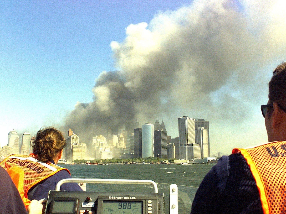 A Coast Guard rescue team from Sandy Hook, NJ, races to the scene of the World Trade Center terrorist attack.