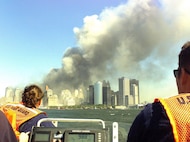 A Coast Guard rescue team from Sandy Hook, NJ, races to the scene of the World Trade Center terrorist attack.