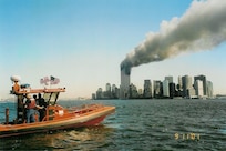 A Coast Guard RHIB off Manhattan on the morning of 11 September 2001 (not a USCG photograph).
Photo was taken by Chan Irwin and was provided courtesy of Mike Harmon.