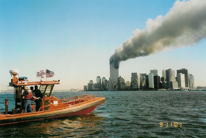 A Coast Guard RHIB off Manhattan on the morning of 11 September 2001 (not a USCG photograph).
Photo was taken by Chan Irwin and was provided courtesy of Mike Harmon.