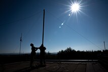 U.S. Airmen from the 354th Communications Squadron set up a near vertical incidence skywave during an Agile Combat Employment (ACE) exercise on Eielson Air Force Base, Alaska, July 12, 2021. The 354th Fighter Wing practiced ACE tactics during a week-long surge in F-35A Lightning II operations. (U.S. Air Force photo by Airman 1st Class Jose Miguel T. Tamondong)