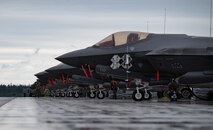 Twenty F-35A Lightning II aircraft assigned to the 354th Fighter Wing (FW) wait to be refueled during an Agile Combat Employment exercise on Eielson Air Force Base, Alaska, July 14, 2021. The 354th FW conducted a local exercise from a simulated austere location to test its ability to generate airpower quickly, efficiently and repeatedly. (U.S. Air Force photo by Airman 1st Class Jose Miguel T. Tamondong)