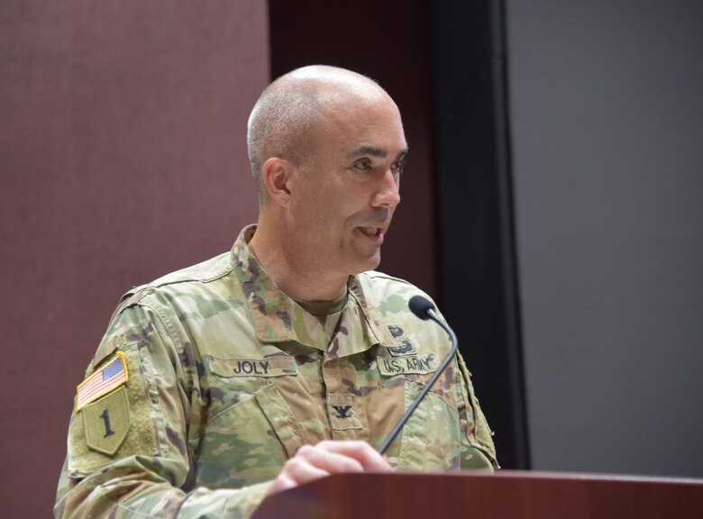 Col. Sebastien P. Joly, the 24th commander of the U.S. Army Engineering and Support Center, Huntsville speaks to guests and employees during the change of command ceremony Friday, July 23. (Photo by William Scott Farrow)