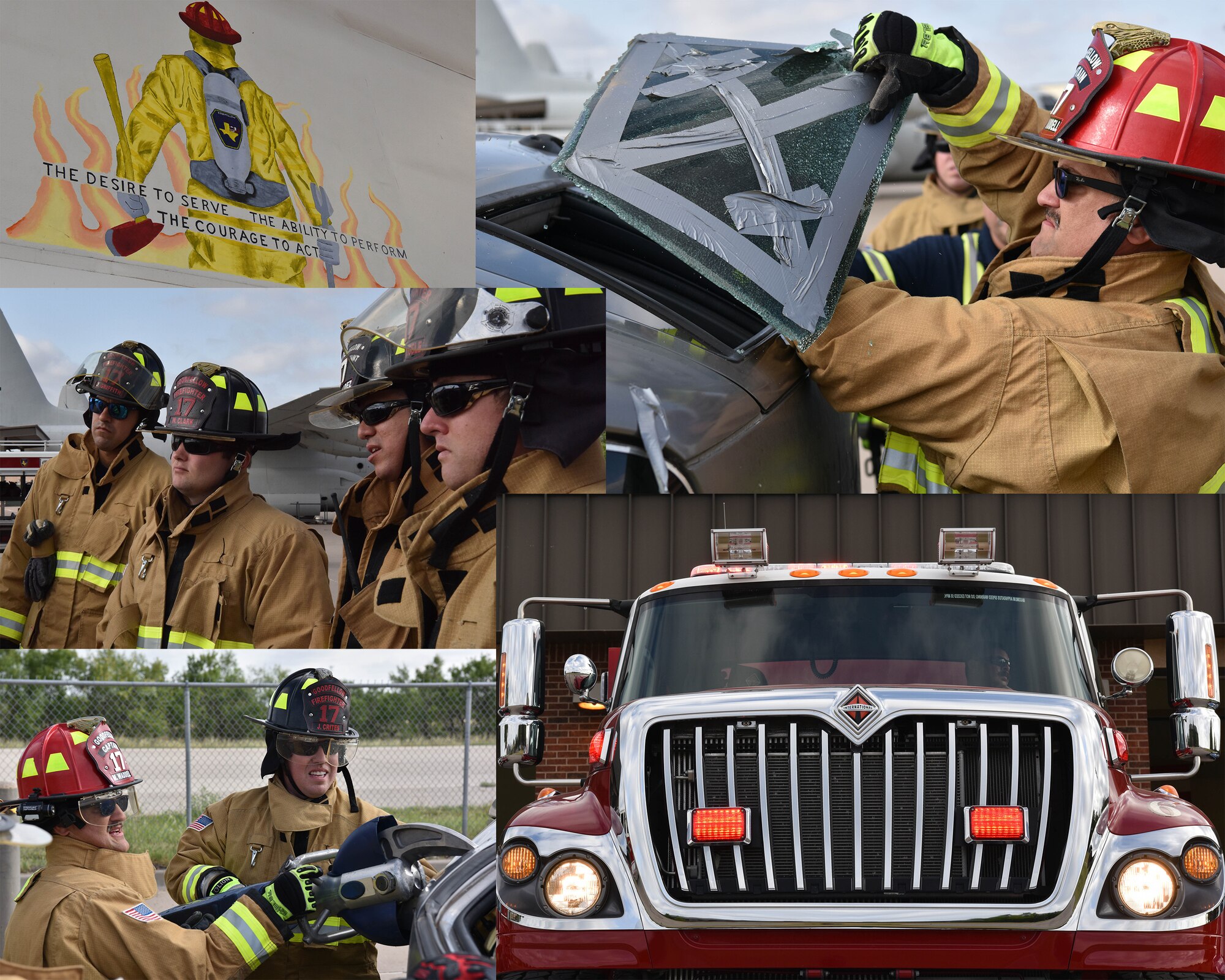 A photo collage showcasing the 17th Civil Engineer Squadron Fire Services on Goodfellow Air Force Base, Texas. The Goodfellow Fire Department is an all hazards response organization providing emergency medical, fire suppression, technical rescue, fire inspection, public education and hazardous material response. (U.S. Air Force illustration by Senior Airman Jermaine Ayers)
