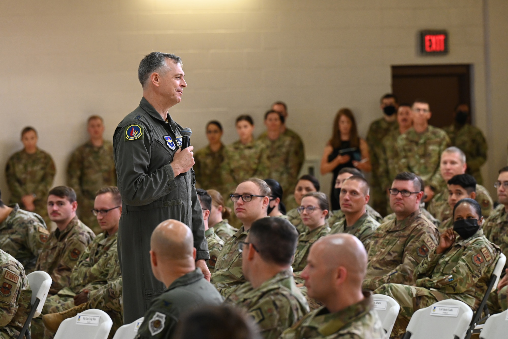 Maj. Gen. Craig Wills, 19th Air Force commander, speaks during an all-call, July 20, 2021, on Holloman Air Force Base, N.M. The visit served as an opportunity for the 19th AF command team to learn how Airmen around the wing accomplish the wing’s mission and allowed wing leadership to showcase key quality of life initiatives. (U.S. Air Force photo by Staff Sgt. Christopher S. Sparks)