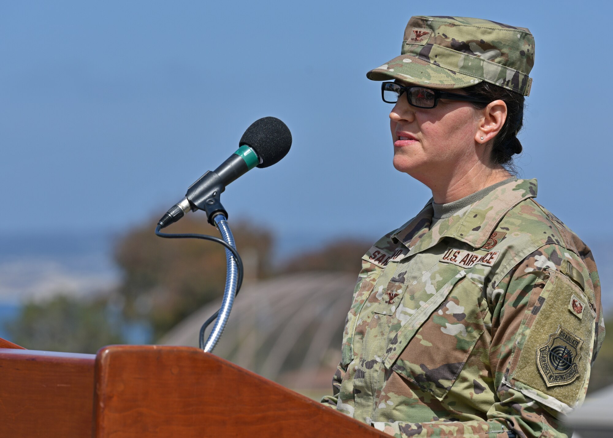 U.S. Air Force Col. Jennifer Saraceno, 517th Training Group incoming commander, speaks during the 517th TRG change of command ceremony at the Presidio of Monterey, California, July 23, 2021. The change of command ceremony is a military tradition, which illustrates the formal transfer of authority by the passing of the guidon from departing commander to incoming commander. (U.S. Air Force photo by Senior Airman Ashley Thrash)