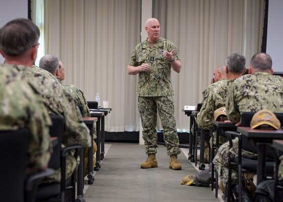VIRGINIA BEACH, Va. (July 23, 2021) Adm. Christopher W. Grady, commander, U.S. Fleet Forces Command, and the Navy’s “Old Salt,” delivers remarks at the annual Surface Force Atlantic (SURFLANT) two-day leadership training symposium at Drexler Manor Conference Center on Joint Expeditionary Base Little Creek-Fort Story, July 23. The event emphasized SURFLANT’s top priority, which is to provide combat-ready ships and battle-minded crews that are prepared to fight and win operations in a strategic competition. (U.S. Navy photo by Mass Communication Specialist 1st Class Jacob Milham/Released)