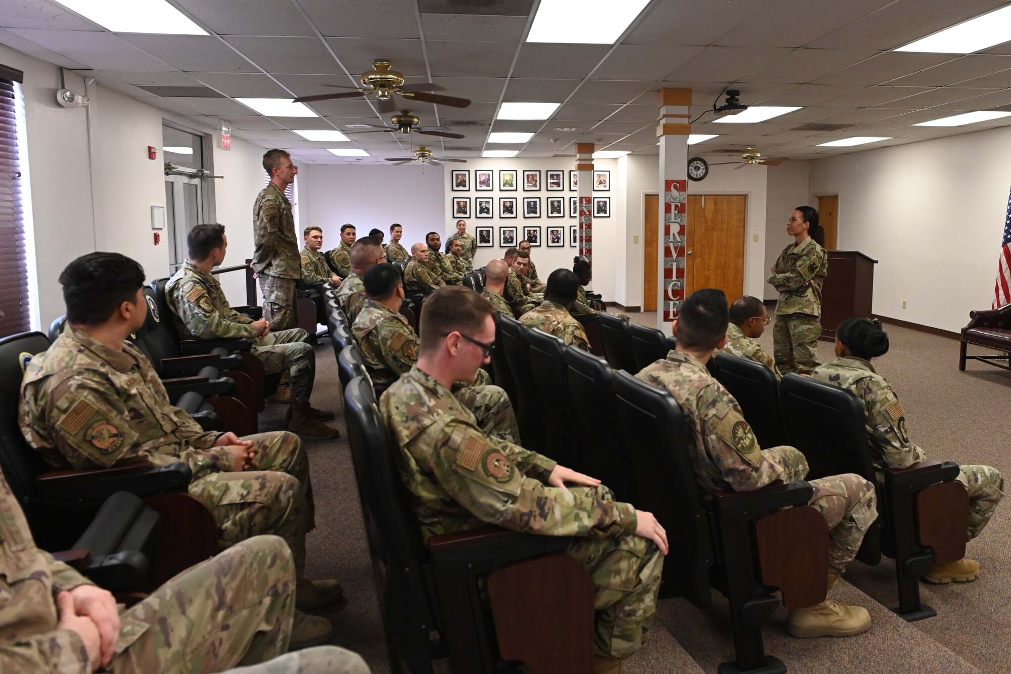 Chief Master Sgt. Kristina Rogers, 19th Air Force command chief, speaks to students at the Holloman Airman Leadership School, July 19, 2021, on Holloman Air Force Base, N.M. The students had an opportunity to seek mentorship from Rogers about leadership and U.S. Air Force policy. (U.S. Air Force photo by Staff Sgt. Christopher S. Sparks.)