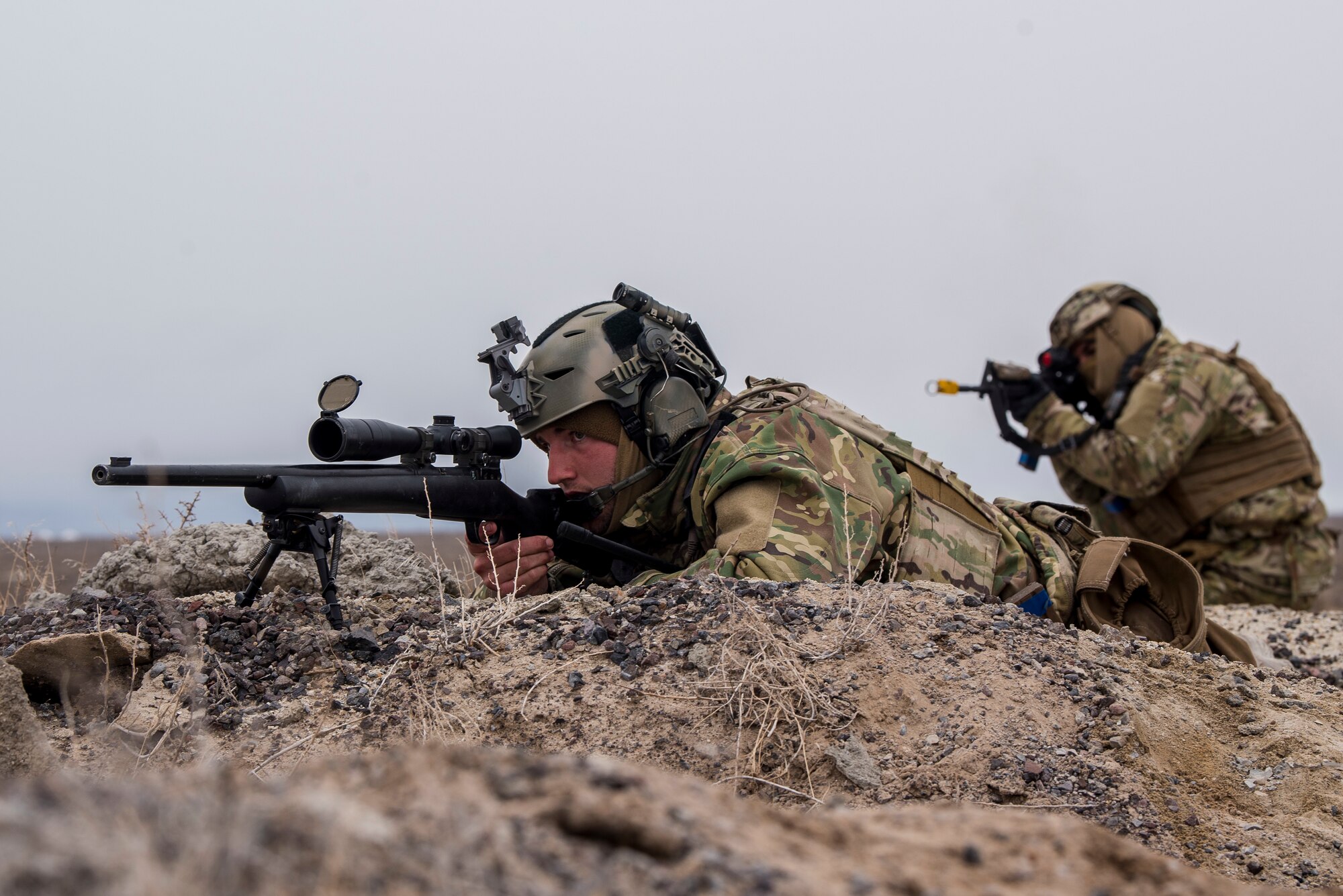Security Forces Airmen assigned to the 27th Special Operations Mission Support Team provides security during a 27th Special Operations Wing operational readiness exercise at Dugway Proving Grounds, Utah, March 22, 2021. The Mission Support Team concept provides a way forward in building small, scattered teams capable of operating independent of main operating bases. (U.S. Air Force photo by Senior Airman Vernon R. Walter III)