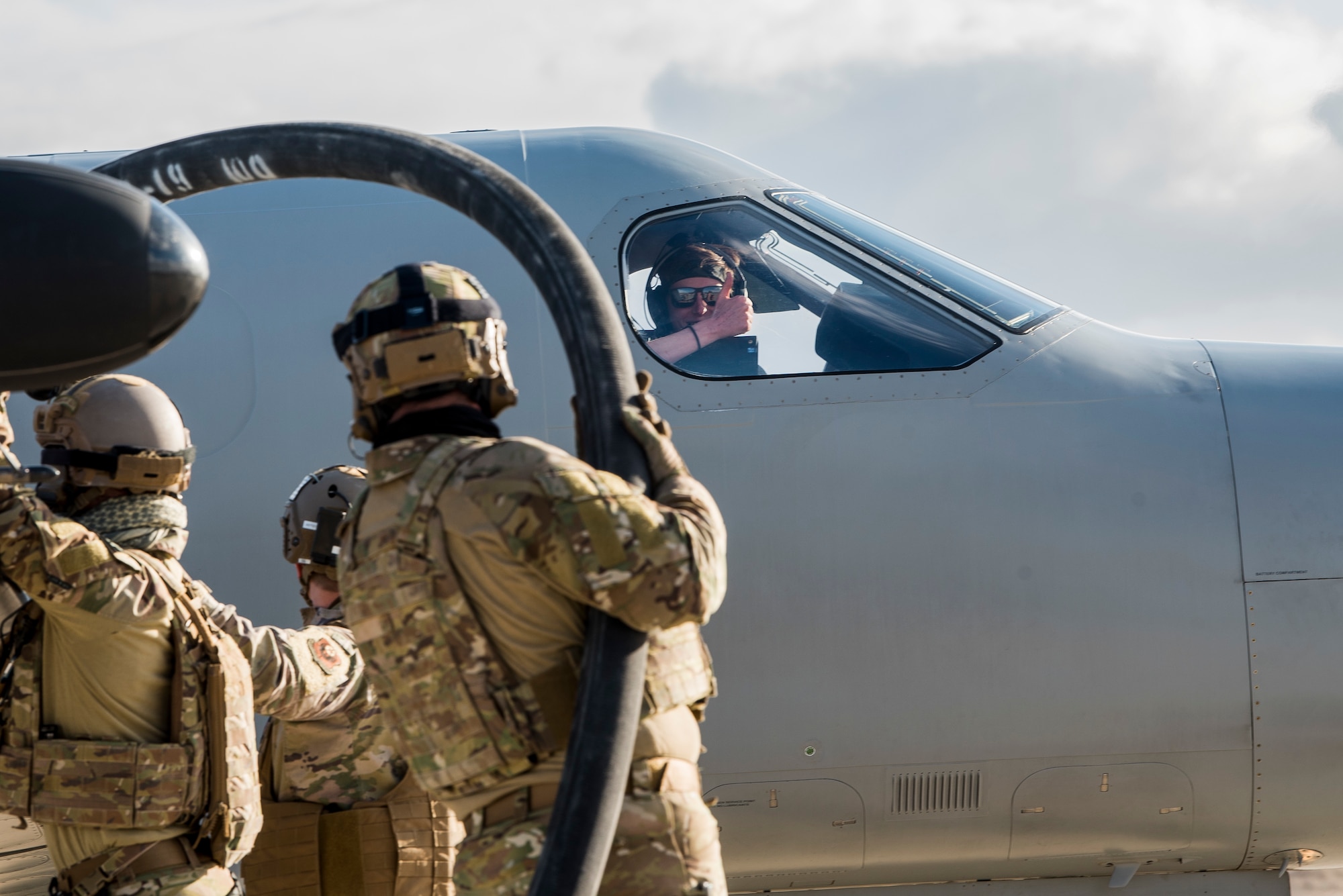 Forward Area Refueling Point Airmen assigned to the 27th Special Operations Mission Support Team refuel a U-28A Draco aircraft during the 27th Special Operations Wing operational readiness exercise at Dugway Proving Grounds, Utah, March 22, 2021. The Mission Support Team concept provides a way forward in building small, scattered teams capable of operating independent of main operating bases. (U.S. Air Force photo by Senior Airman Vernon R. Walter III)