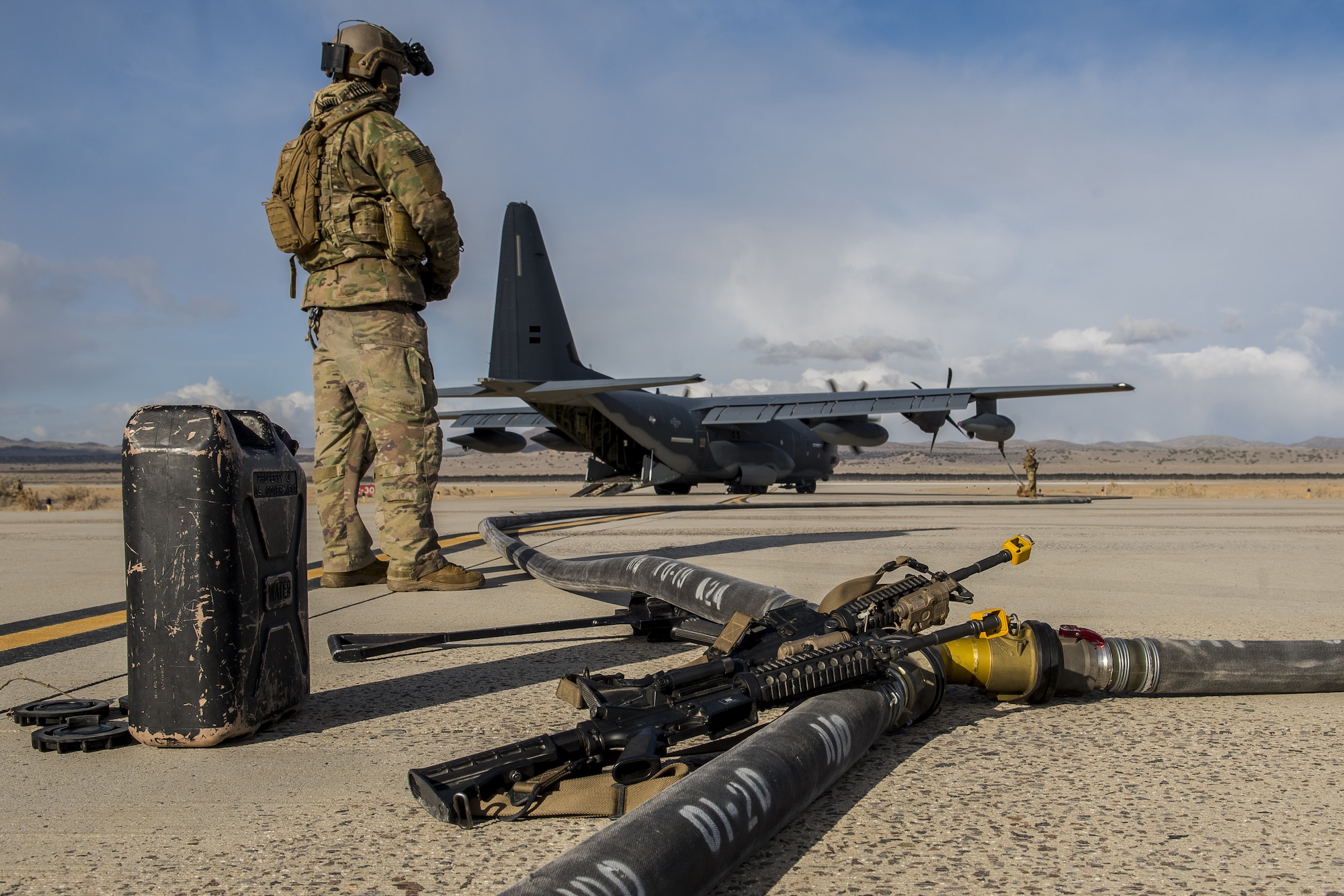 A Forward Area Refueling Point Airman assigned to the 27th Special Operations Mission Support Team provides perimeter security during the 27th Special Operations Wing operational readiness exercise at Dugway Proving Grounds, Utah, March 22, 2021. The Mission Support Team concept provides a way forward in building small, scattered teams capable of operating independent of main operating bases. (U.S. Air Force photo by Senior Airman Vernon R. Walter III)