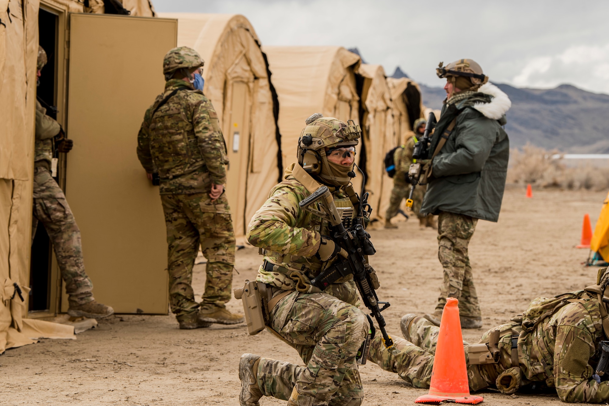 A Deployed Aircraft Ground Response Element Airman assigned to the 27th Special Operations Mission Support Team provides security during a 27th Special Operations Wing operational readiness exercise at Dugway Proving Grounds, Utah, March 22, 2021. The Mission Support Team concept provides a way forward in building small, scattered teams capable of operating independent of main operating bases. (U.S. Air Force photo by Senior Airman Vernon R. Walter III)