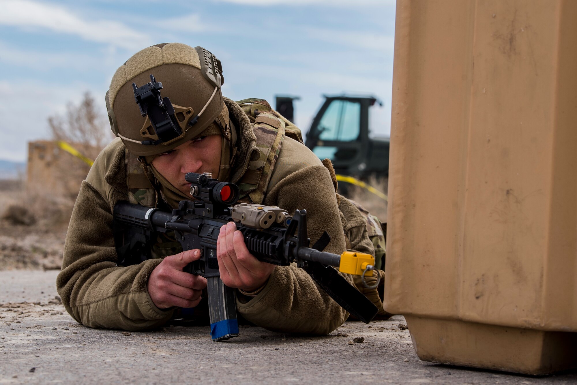 Security Forces Airman assigned to the 27th Special Operations Mission Support Team provides perimeter security during the 27th Special Operations Wing operational readiness exercise at Dugway Proving Grounds, Utah, March 22, 2021. The Mission Support Team concept provides a way forward in building small, scattered teams capable of operating independent of main operating bases. (U.S. Air Force photo by Senior Airman Vernon R. Walter III)