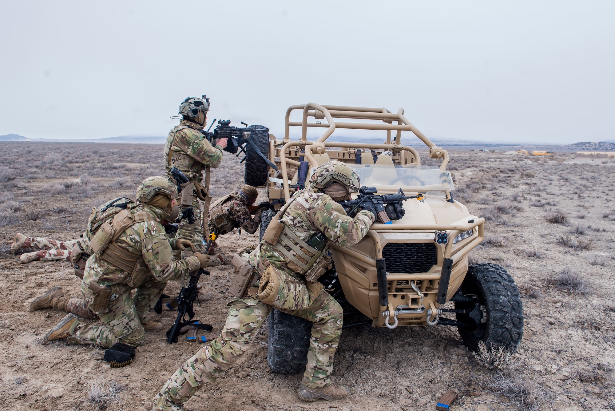 Security Forces Airmen assigned to the 27th Special Operations Mission Support Team provides security during a 27th Special Operations Wing operational readiness exercise at Dugway Proving Grounds, Utah, March 22, 2021. The Mission Support Team concept provides a way forward in building small, scattered teams capable of operating independent of main operating bases. (U.S. Air Force photo by Senior Airman Vernon R. Walter III)