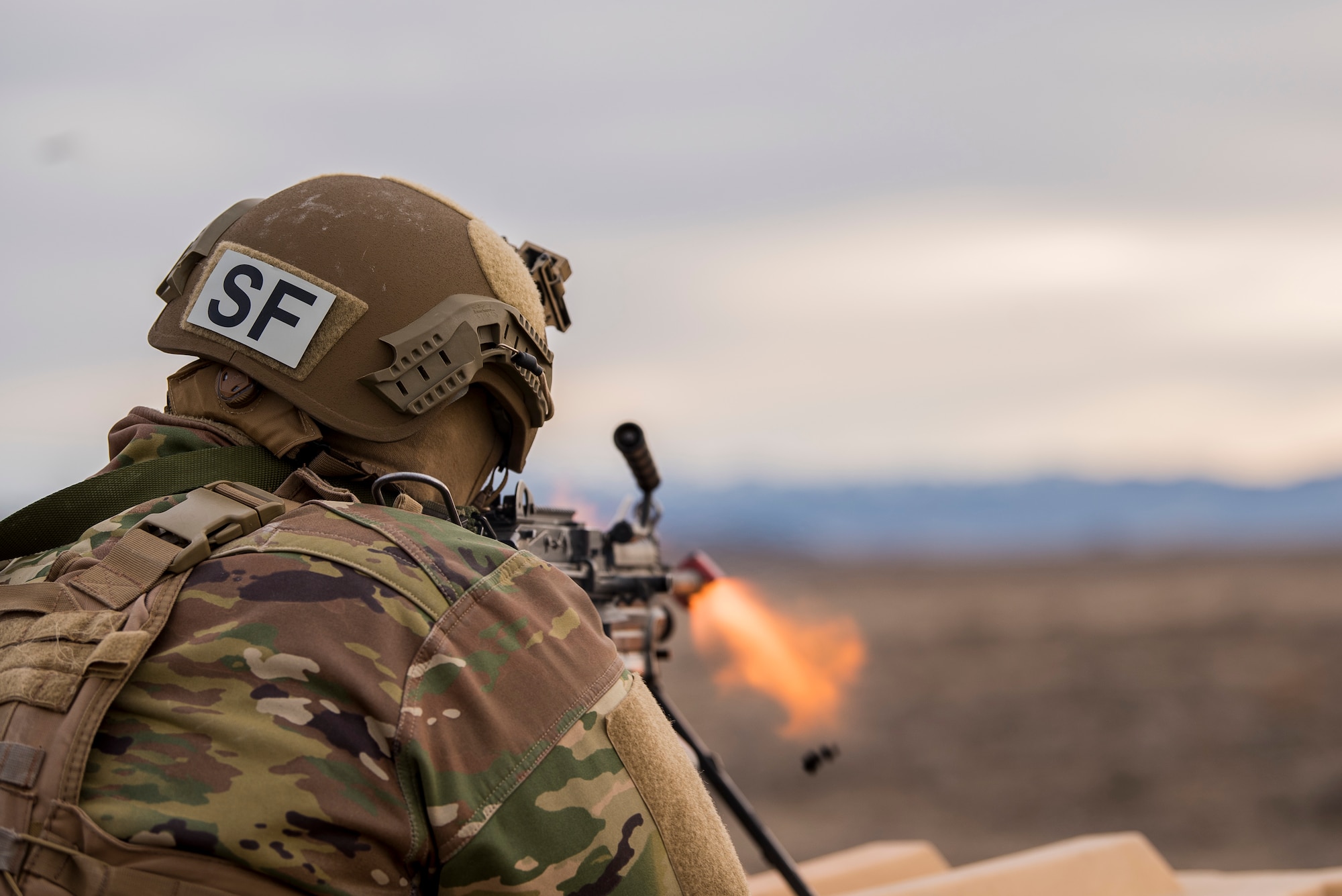 A Security Forces Airman assigned to the 27th Special Operations Mission Support Team provides security during a 27th Special Operations Wing operational readiness exercise at Dugway Proving Grounds, Utah, March 22, 2021. The Mission Support Team concept provides a way forward in building small, scattered teams capable of operating independent of main operating bases. (U.S. Air Force photo by Senior Airman Vernon R. Walter III)
