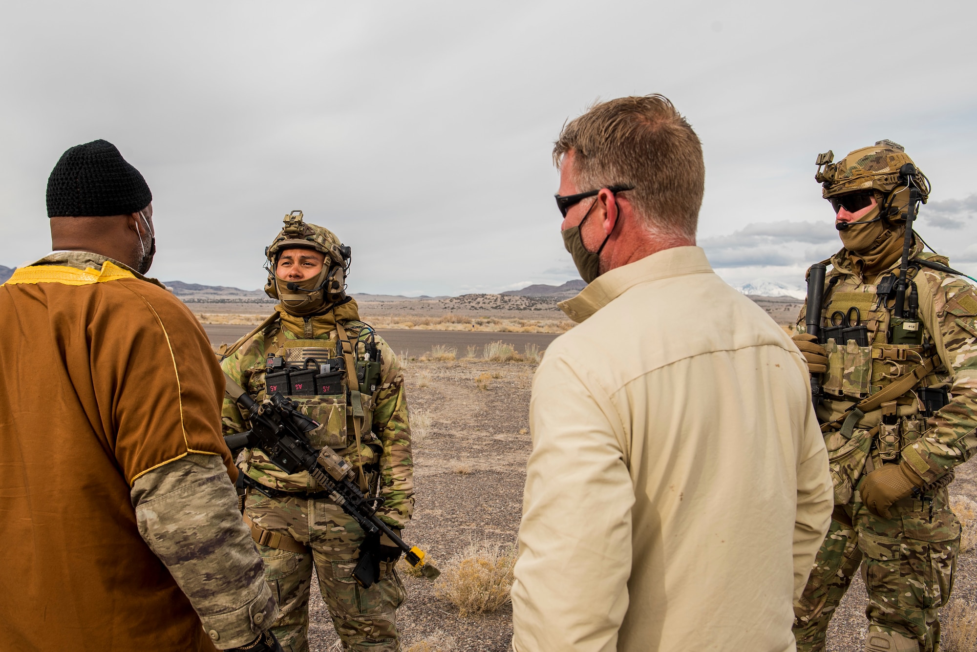 Deployed Aircraft Ground Response Element Airmen assigned to the 27th Special Operations Mission Support Team engage with 27th Special Operations Mission Support Squadron oppositional forces during a 27th Special Operations Wing operational readiness exercise at Dugway Proving Grounds, Utah, March 22, 2021. The Mission Support Team concept provides a way forward in building small, scattered teams capable of operating independent of main operating bases. (U.S. Air Force photo by Senior Airman Vernon R. Walter III)