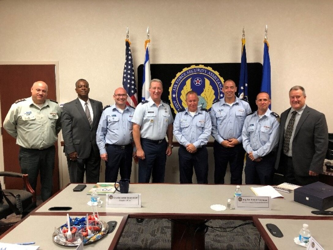 Brig. Gen. Brian Bruckbauer (center left), director of the Air Force Security Assistance and Cooperation Directorate (AFSAC) escorted a delegation of Israeli Air Force members during a recent visit to Wright-Patterson Air Force Base, Ohio. (Courtesy visit)