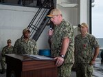 Commanding Officer Chad Graham addresses his new crew following a change of command ceremony aboard the Expeditionary Sea Base USS Hershel "Woody" Williams (ESB 4), July 25, 2021.