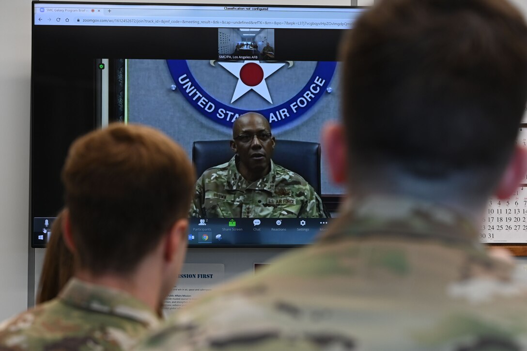 U.S. Air Force Chief of Staff Gen. CQ Brown, Jr. speaks with members of the Space and Missile Systems Center’s Galaxy program during a mentoring session at Los Angeles Air Force Base, California, July 9, 2021. Galaxy is the U.S. Space Force’s premier professional development experience for both junior military and civilian acquisition professionals at SMC. (U.S. Space Force photo by Staff Sgt. Andrew Moore)