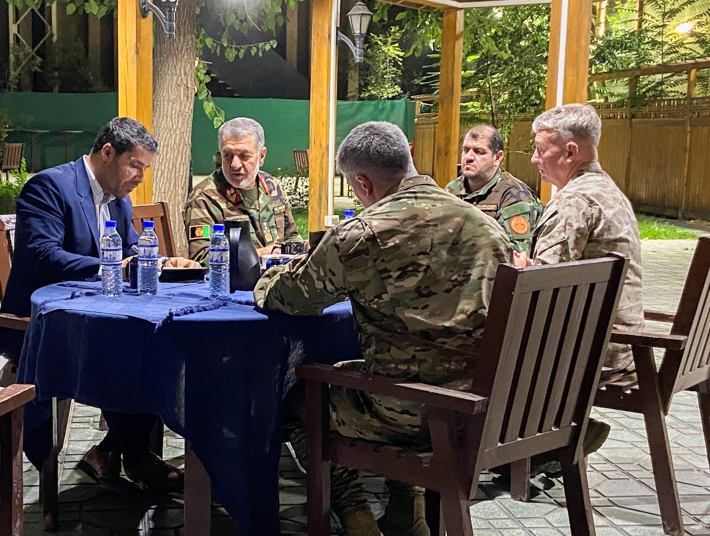 Gen. Frank McKenzie, commander, U.S. Central Command, right, meets with Afghan Minister of Defense, General Bismillah Khan Mohammadi, second from left, in Kabul to discuss the security situation in Afghanistan, July 25, 2021. McKenzie reiterated U.S support to the government’s plan for the defense of Afghanistan through air strikes, contract logistics support, intelligence sharing, and funding for the Afghan National Defense and Security Forces (ANDSF). “We had a very good dialogue on the government's defense plan as they work to stabilize the security situation and to blunt the Taliban offensive,” said McKenzie. (U.S. Central Command Public Affairs courtesy photo)