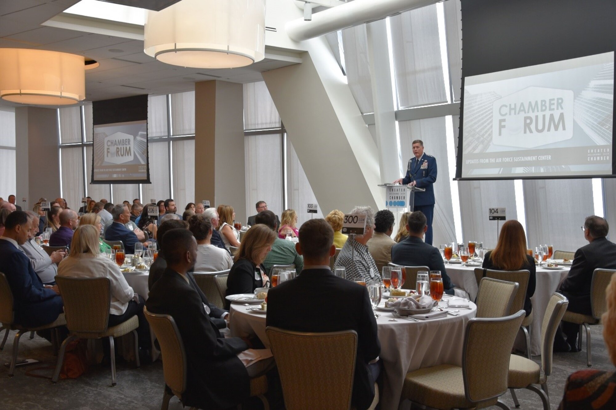Air Force Sustainment Center Commander Lt. Gen. Gene Kirkland updates the more than 100 attendees of the Greater Oklahoma City Chamber Forum on work accomplished at the center