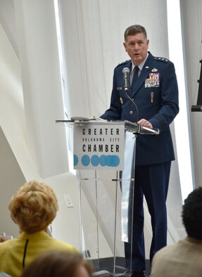 Air Force Sustainment Center Commander Lt. Gen. Gene Kirkland updates the more than 100 attendees of the Greater Oklahoma City Chamber Forum on work accomplished at the center