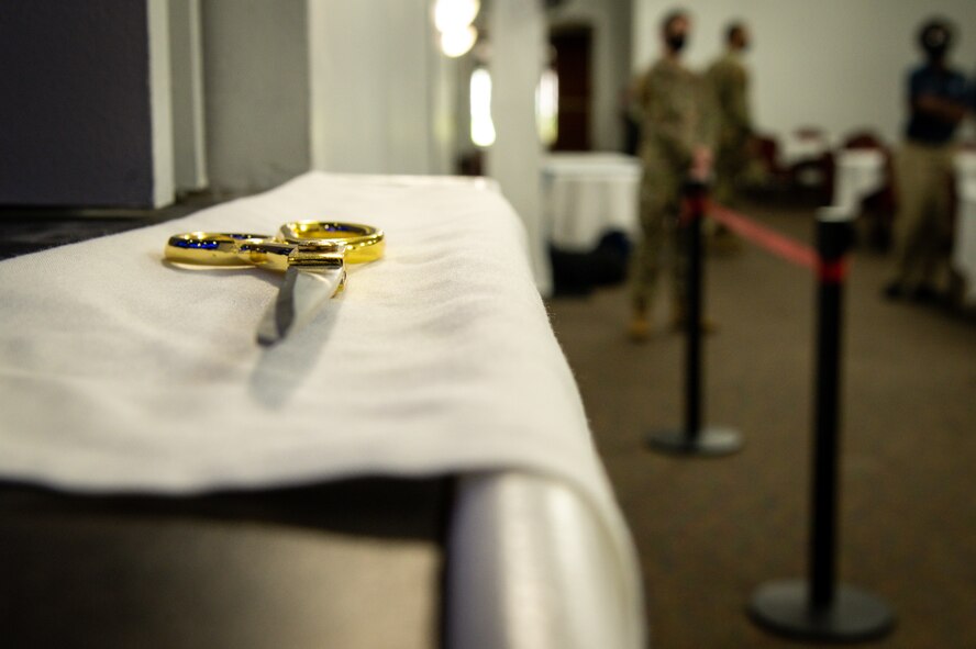 The ceremonial ribbon cutting scissors rest on a cloth outside the new e-gaming room window at Barksdale Air Force Base, Louisiana, July 20, 2021.