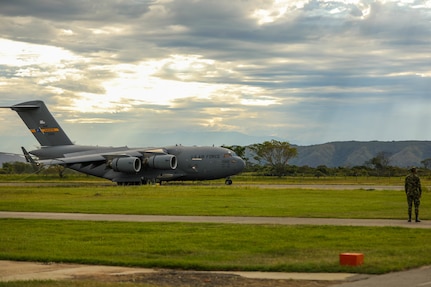 A U.S. Air Force C17 Globemaster III lands at Tolemaida Air Base, Nido, Colombia, July 21, 2021.
