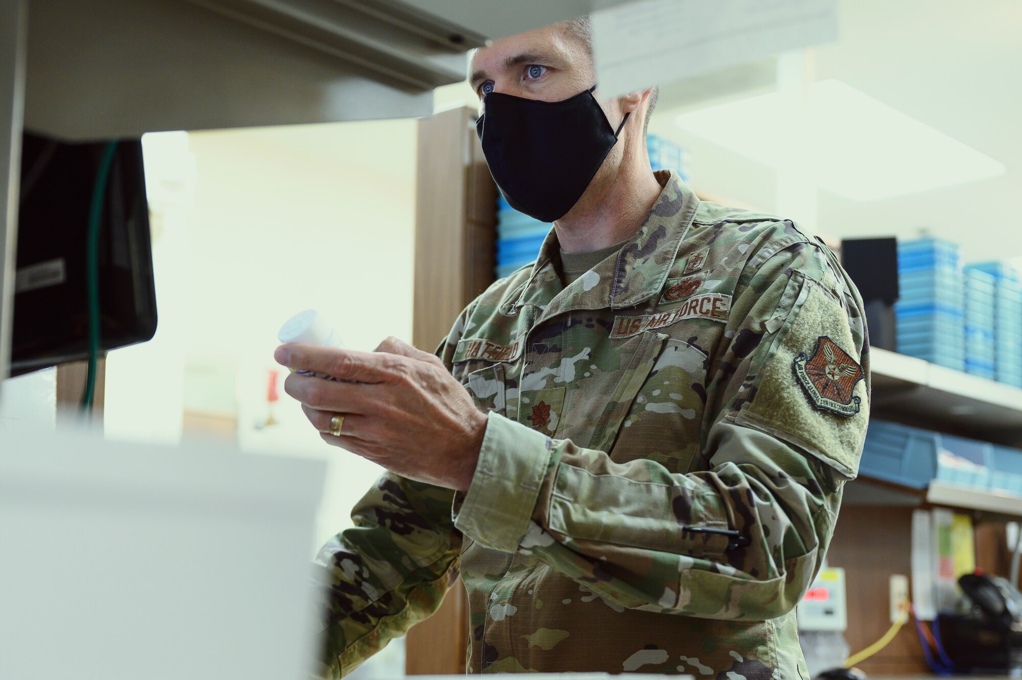 Maj. Landon Hatfield, 341st Operational Medical Readiness Squadron pharmacist, performs a quality control check July 14, 2021, at Malmstrom Air Force Base, Mont.
