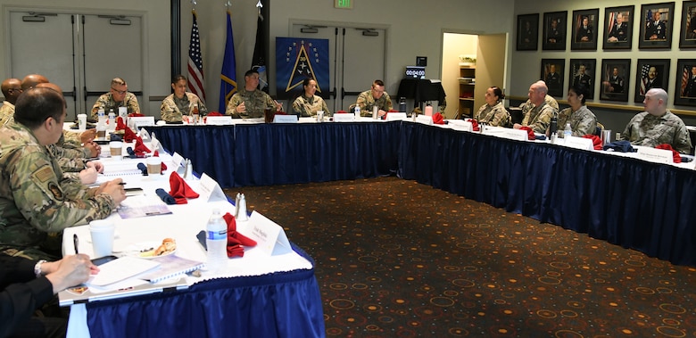 Chief Master Sgt. Jason DeLucy, Space Launch Delta 30 command chief, briefs during the 2021 Senior Enlisted Leaders’ Summit, July 22, 2021, at Vandenberg Space Force Base, Calif. DeLucy invited SLD 30 leadership from across the Delta to address the way ahead as leaders caring for their Airmen and Guardians at Vandenberg who make the mission happen. One of the topics addressed was “Hawk Culture” and working together as Airmen and Guardians toward building relationships, innovation, aligning priorities and strategic goals where Hawk input is key. (U.S. Space Force photo by Airman 1st Class Rocio Romo)